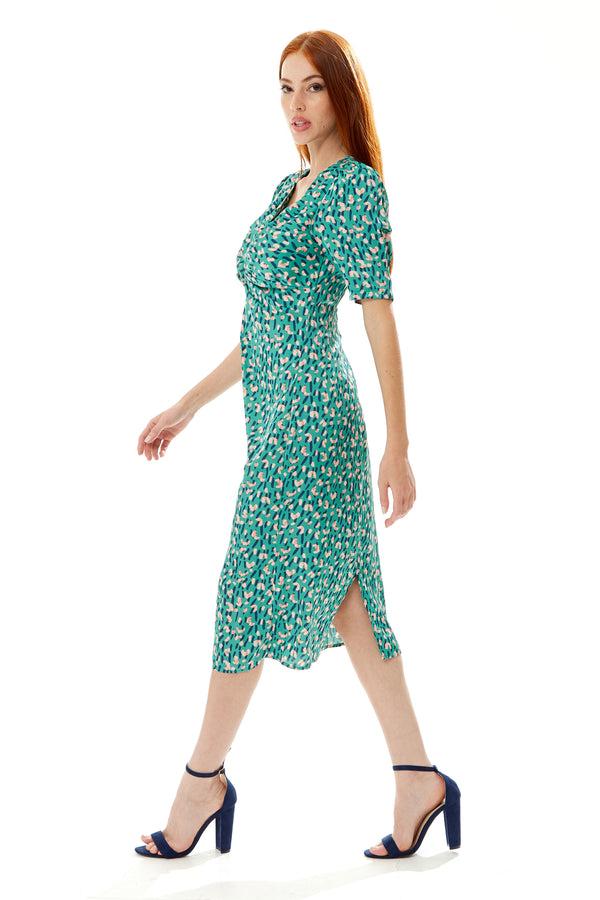 Liquorish Women's Midi Wrap Dress With Short Sleeves And Daring Front Slit In Green - Liquorish