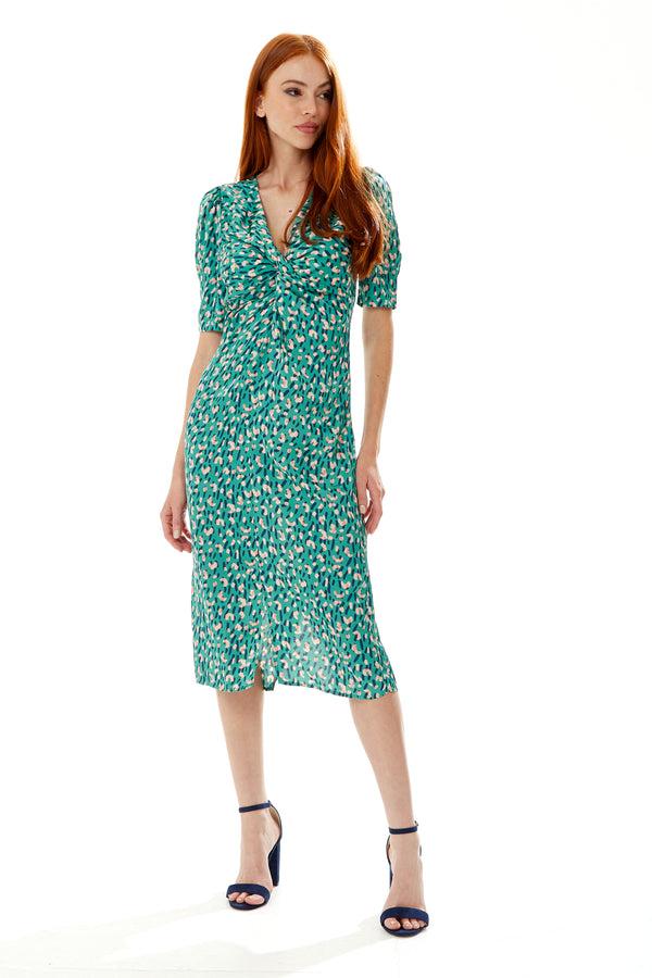 Liquorish Women's Midi Wrap Dress with Short Sleeves and Daring Front Slit in Green - Liquorish