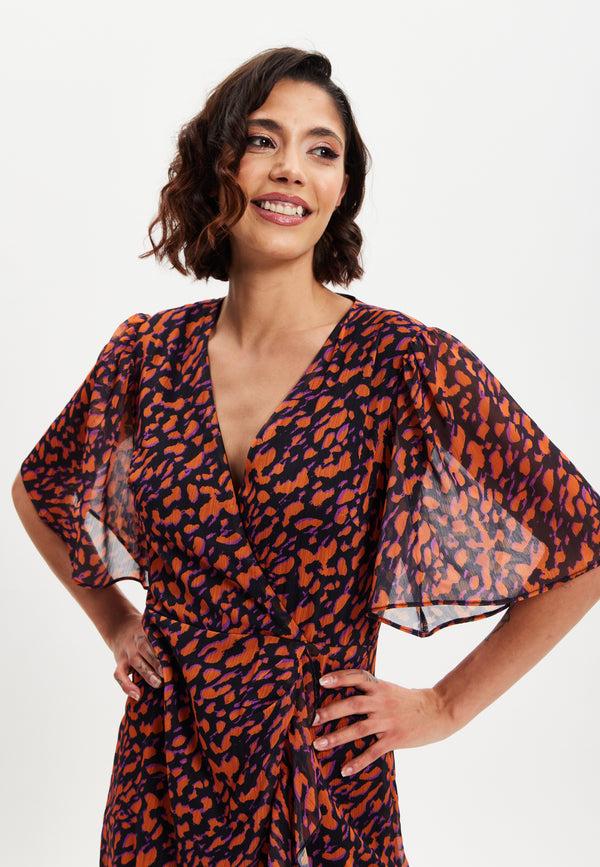 Liquorish Women's Midi Wrap Dress With Short Sleeves In Chic Animal Print Organza - Double Breasted Style By Liquorish