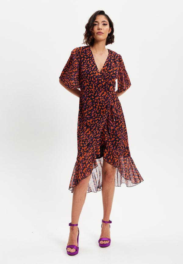 Liquorish Women's Midi Wrap Dress With Short Sleeves In Chic Animal Print Organza - Double Breasted Style By Liquorish