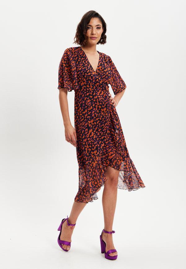 Liquorish Women's Midi Wrap Dress With Short Sleeves In Chic Animal Print Organza - Double Breasted Style By Liquorish