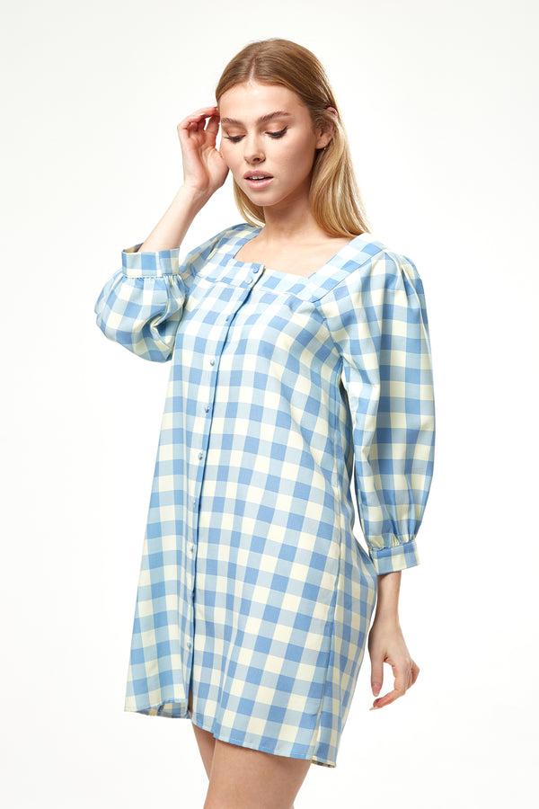 Liquorish Women's Mini Dress Blue Gingham Puff Sleeve Button-Up Front Oversized Fit 3/4 Sleeve Length