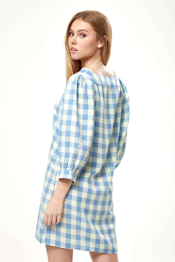 Liquorish Women's Mini Dress Blue Gingham Puff Sleeve Button-Up Front Oversized Fit 3/4 Sleeve Length