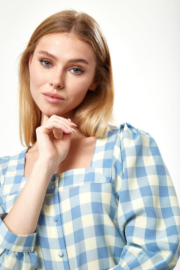 Liquorish Women's Mini Dress Blue Gingham Puff Sleeve Button-Up Front Oversized Fit 3/4 Sleeve Length