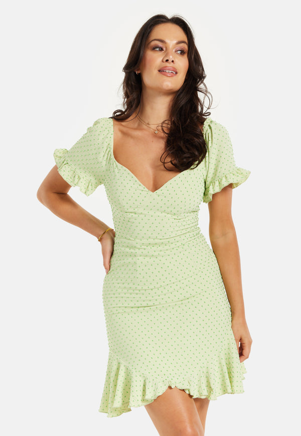 Liquorish Women’s Mini Dress Green Polka Dot Frill Detail With Angel Sleeves