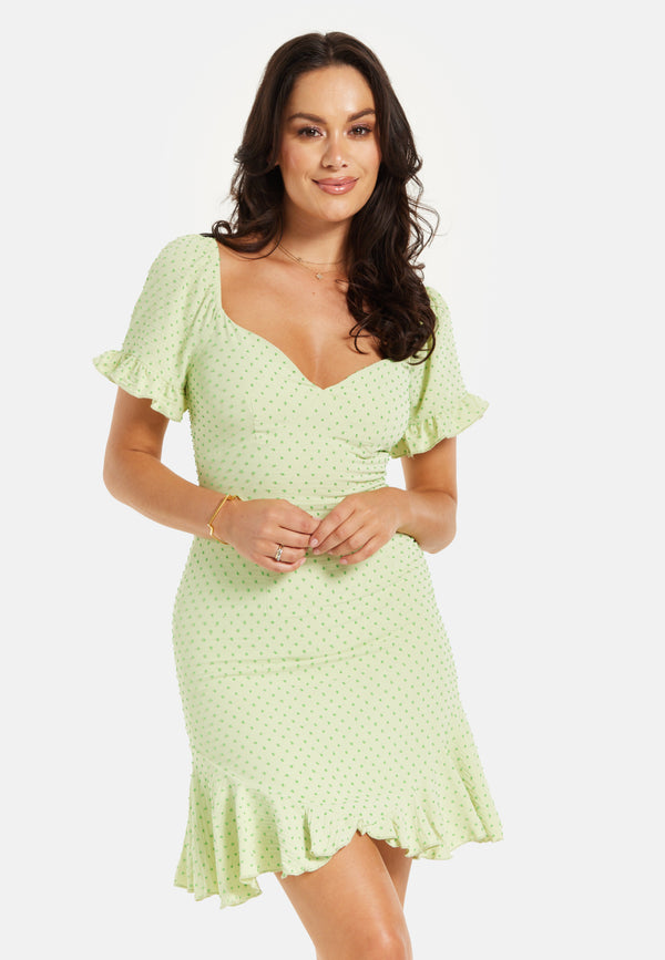 Liquorish Women’s Mini Dress Green Polka Dot Frill Detail With Angel Sleeves