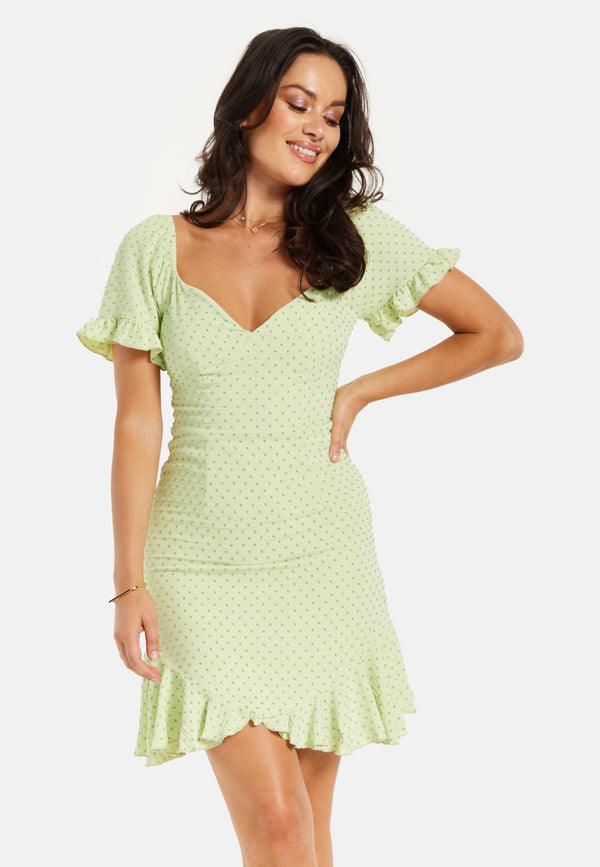 Liquorish Women’s Mini Dress Green Polka Dot Frill Detail With Angel Sleeves