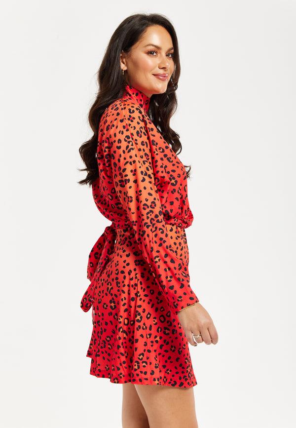 Liquorish Women's Mini Dress High Neck Long Sleeve Orange Animal Print Tie Detail Regular Fit