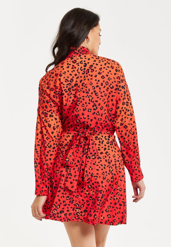 Liquorish Women's Mini Dress High Neck Long Sleeve Orange Animal Print Tie Detail Regular Fit