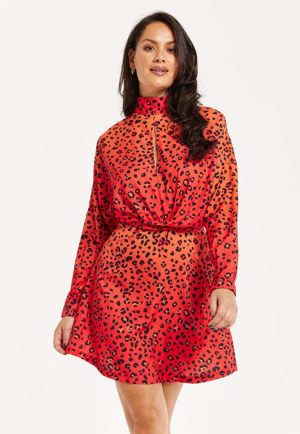 Liquorish Women's Mini Dress High Neck Long Sleeve Orange Animal Print Tie Detail Regular Fit