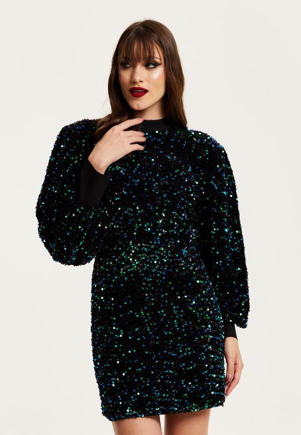 Liquorish Women's Mini Dress In Black Velvet With Green And Blue Sequins Long Sleeves Stylish Open Back - Liquorish