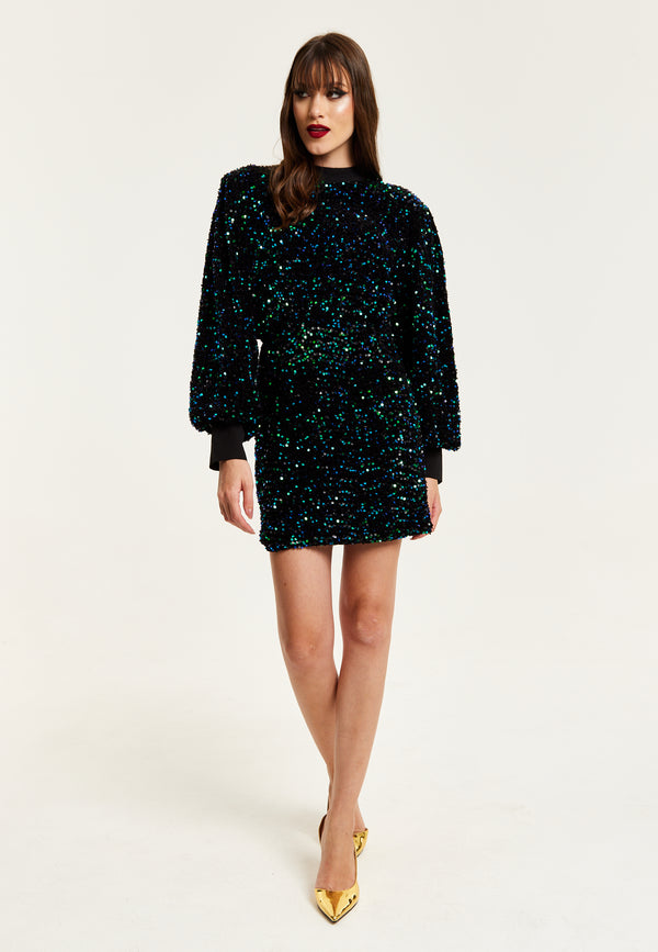 Liquorish Women's Mini Dress In Black Velvet With Green And Blue Sequins Long Sleeves Stylish Open Back - Liquorish