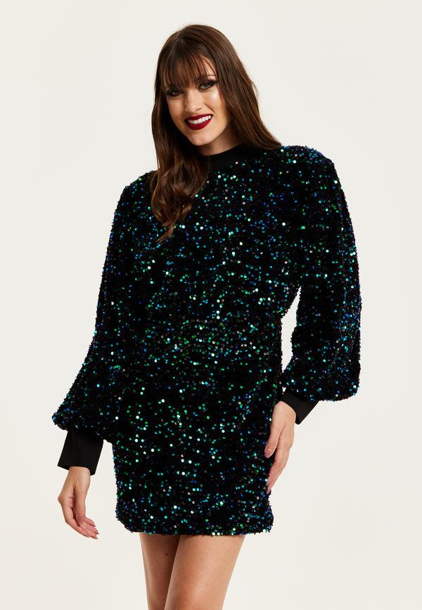 Liquorish Women's Mini Dress In Black Velvet With Green And Blue Sequins Long Sleeves Stylish Open Back - Liquorish