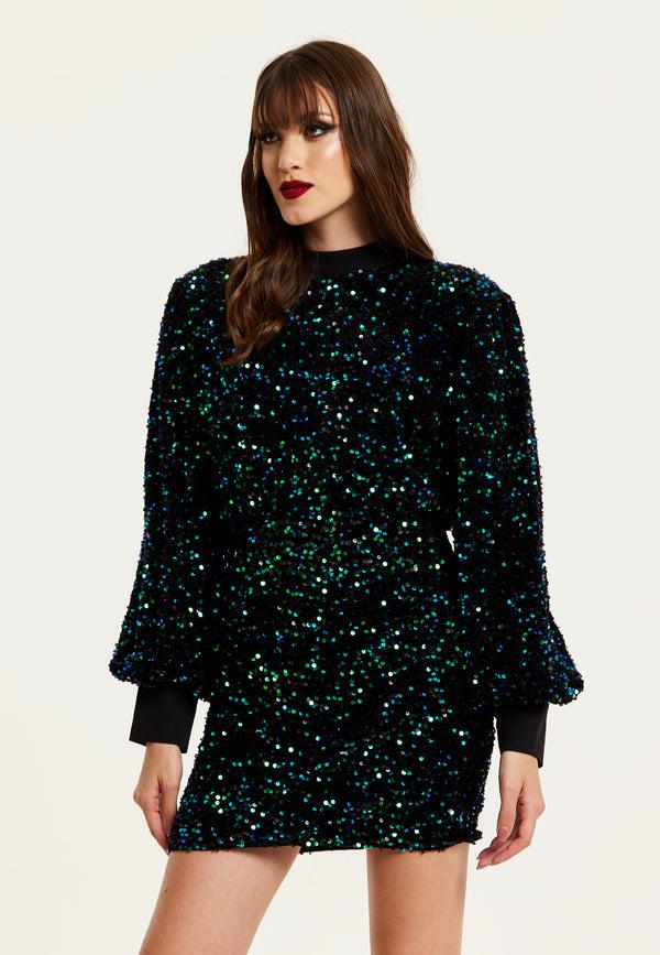 Liquorish Women's Mini Dress in Black Velvet with Green and Blue Sequins Long Sleeves Stylish Open Back - Liquorish