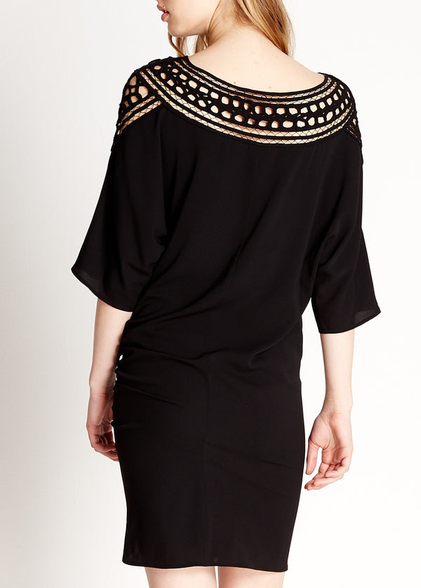 Liquorish Women's Mini Dress In Black With 3/4 Sleeves And Crochet Insert - Divine Grace By Liquorish