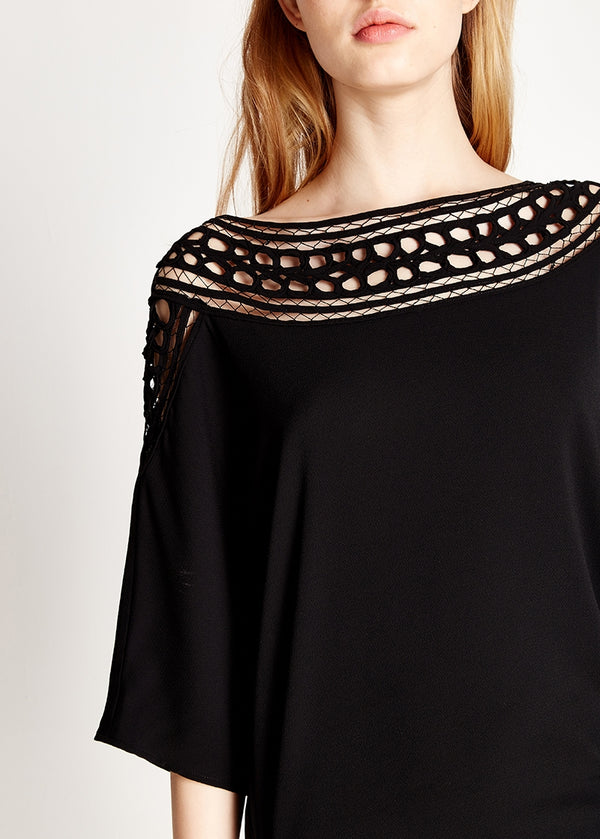 Liquorish Women's Mini Dress In Black With 3/4 Sleeves And Crochet Insert - Divine Grace By Liquorish