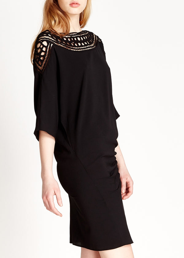 Liquorish Women's Mini Dress In Black With 3/4 Sleeves And Crochet Insert - Divine Grace By Liquorish