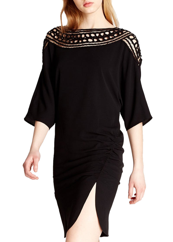 Liquorish Women's Mini Dress in Black with 3/4 Sleeves and Crochet Insert - Divine Grace by Liquorish