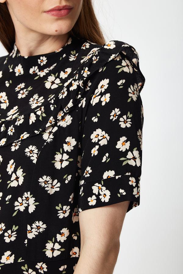 Liquorish Women's Mini Dress In Black With Floral Print And Short Sleeves Elegant Frill Details Perfect For Any Occasion - Liquorish