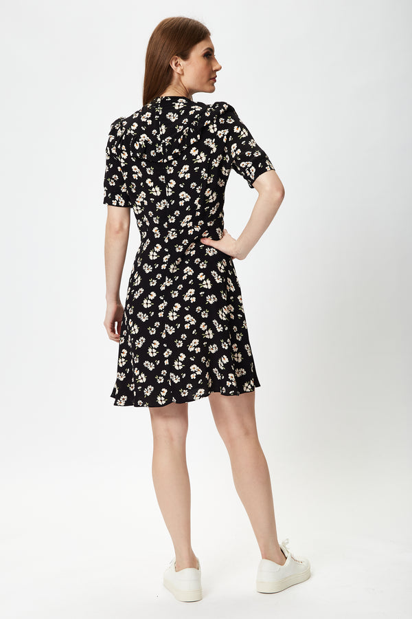 Liquorish Women's Mini Dress In Black With Floral Print And Short Sleeves Elegant Frill Details Perfect For Any Occasion - Liquorish