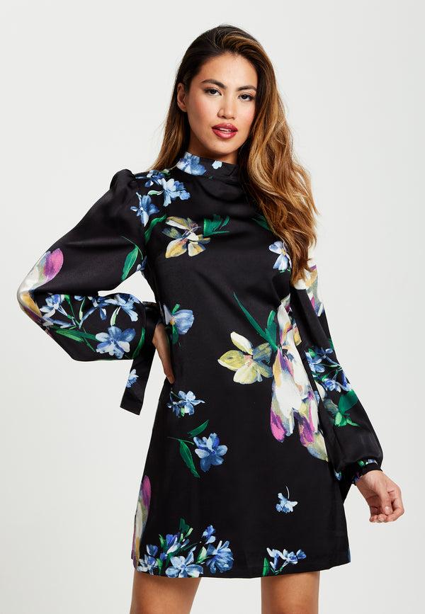 Liquorish Women’s Mini Dress In Black With Long Balloon Sleeves And Floral Print Elegance By Liquorish