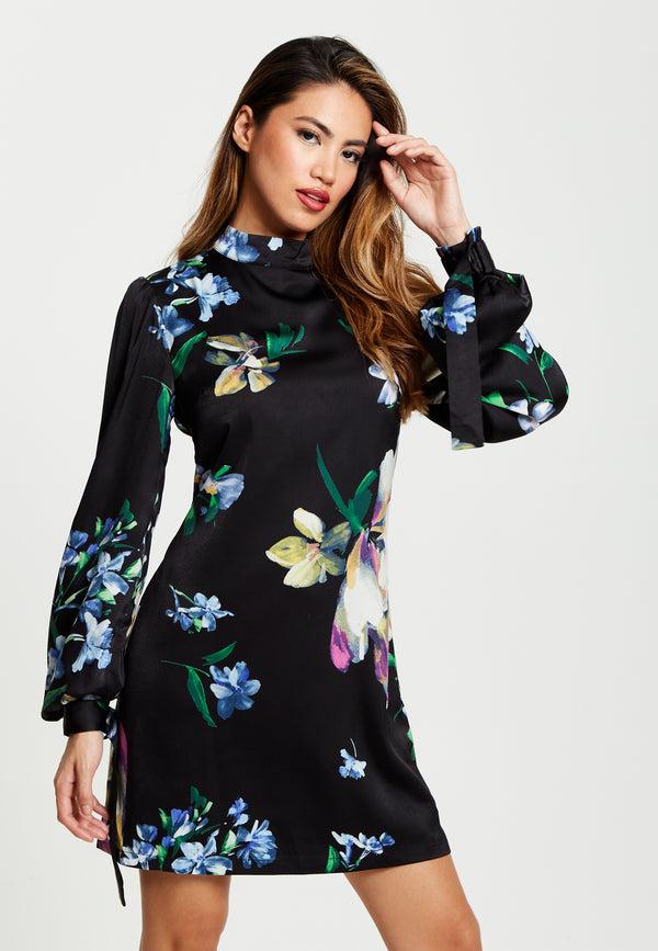 Liquorish Women’s Mini Dress in Black with Long Balloon Sleeves and Floral Print Elegance by Liquorish