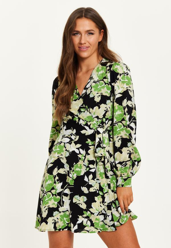 Liquorish Women's Mini Dress In Black With Long Sleeves And Green Floral Print Wrap Style - Liquorish