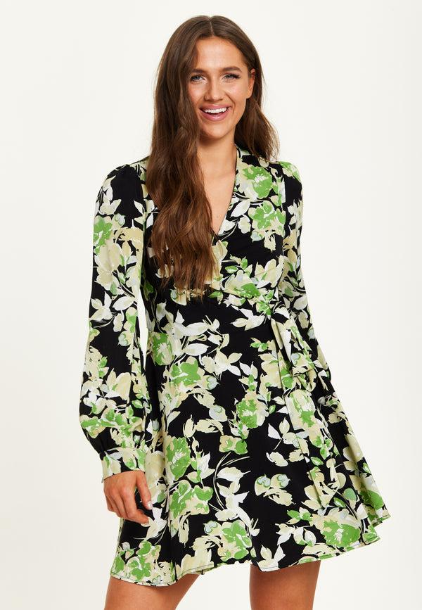 Liquorish Women's Mini Dress in Black with Long Sleeves and Green Floral Print Wrap Style - Liquorish