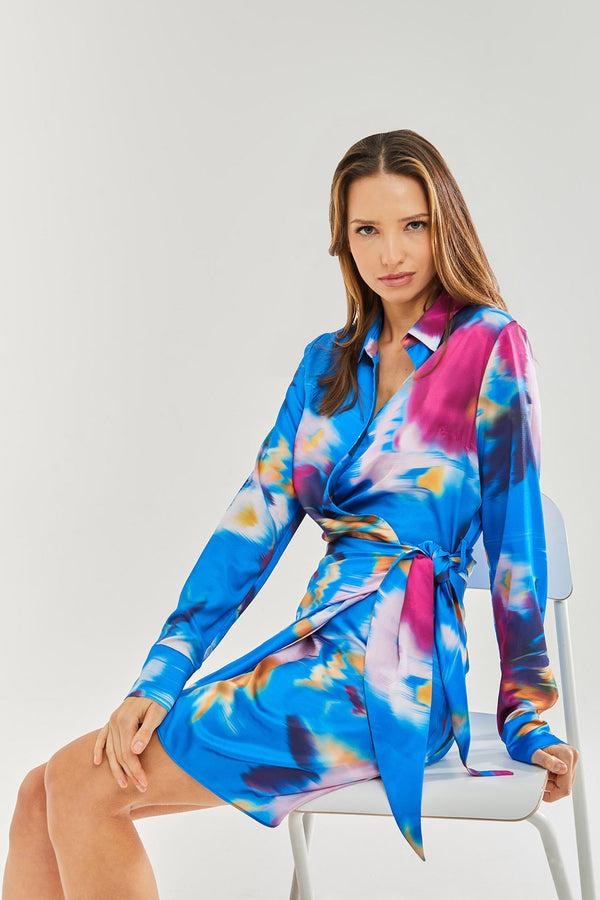 Liquorish Women's Mini Dress In Blue Floral Satin With Long Sleeves And Waist Tie - Stylish Wrap Design By Liquorish