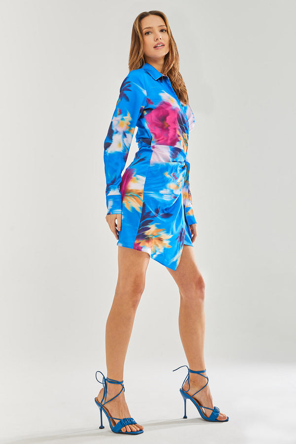 Liquorish Women's Mini Dress In Blue Floral Satin With Long Sleeves And Waist Tie - Stylish Wrap Design By Liquorish