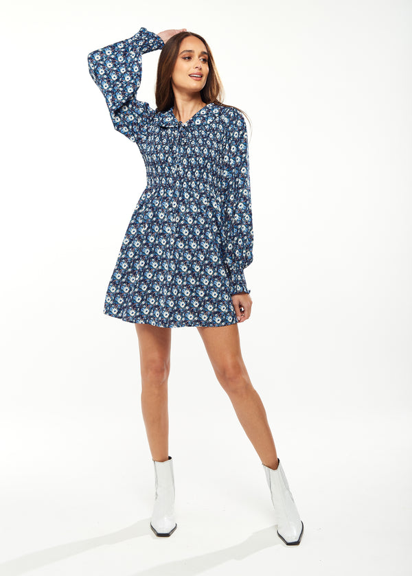 Liquorish Women's Mini Dress In Blue With Balloon Sleeves And Peter Pan Collar - Floral Print Smock Design By Liquorish