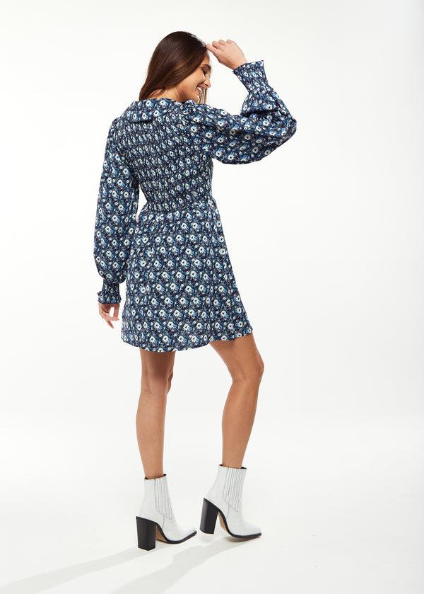 Liquorish Women's Mini Dress In Blue With Balloon Sleeves And Peter Pan Collar - Floral Print Smock Design By Liquorish