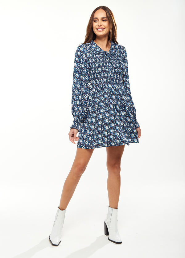 Liquorish Women's Mini Dress in Blue with Balloon Sleeves and Peter Pan Collar - Floral Print Smock Design by Liquorish