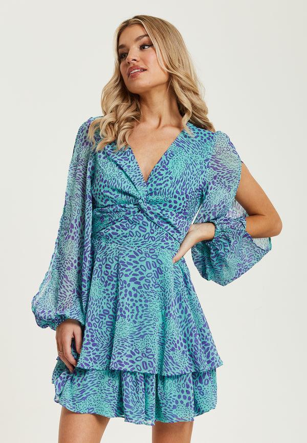 Liquorish Women's Mini Dress In Blue With Long Sleeves And Knot Front Detail - Stunning Leopard Print By Liquorish