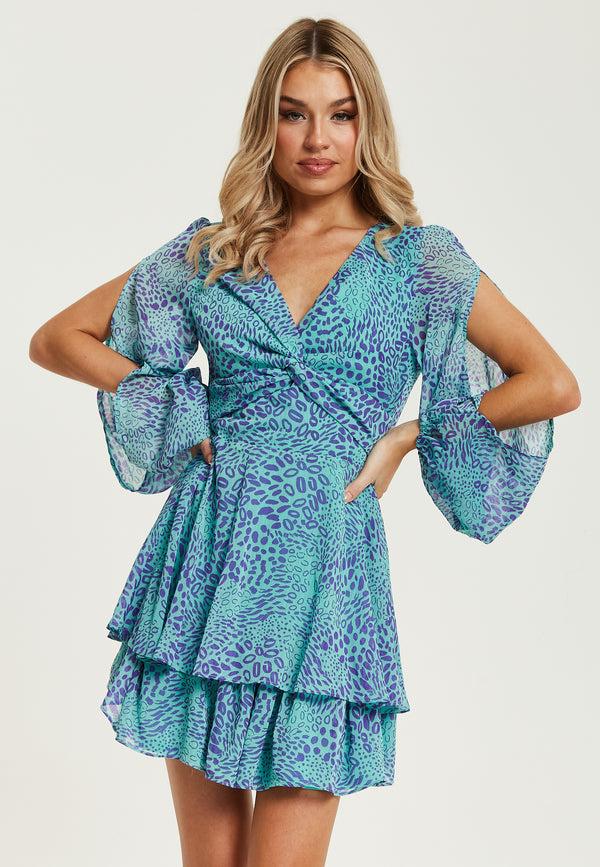 Liquorish Women's Mini Dress In Blue With Long Sleeves And Knot Front Detail - Stunning Leopard Print By Liquorish