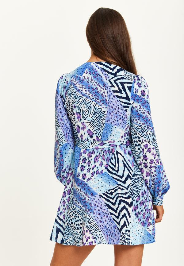 Liquorish Women's Mini Dress In Blue With Long Sleeves And Mixed Animal Print Wrap Design - Liquorish