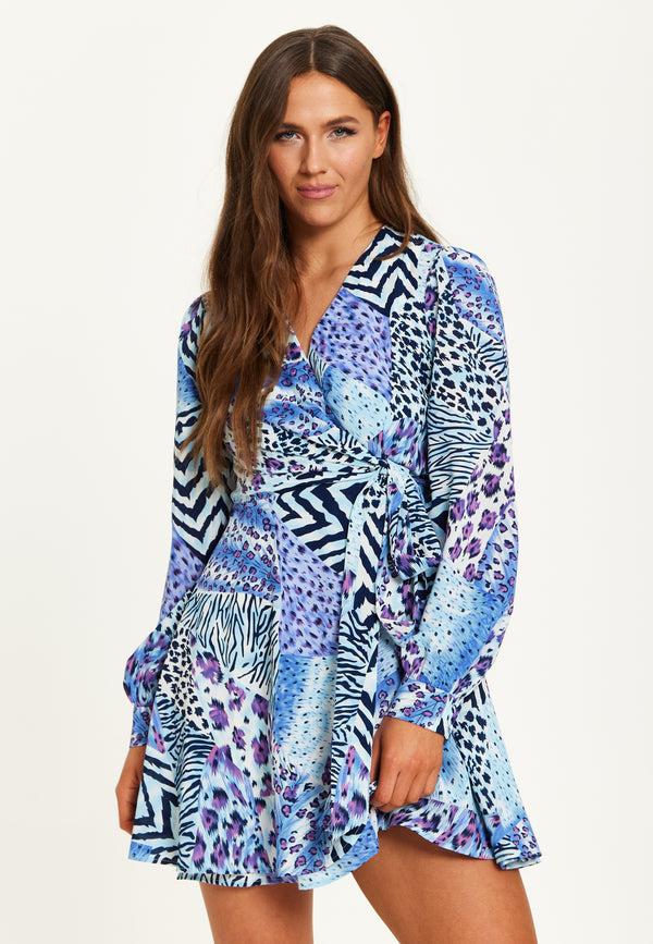 Liquorish Women's Mini Dress in Blue with Long Sleeves and Mixed Animal Print Wrap Design - Liquorish