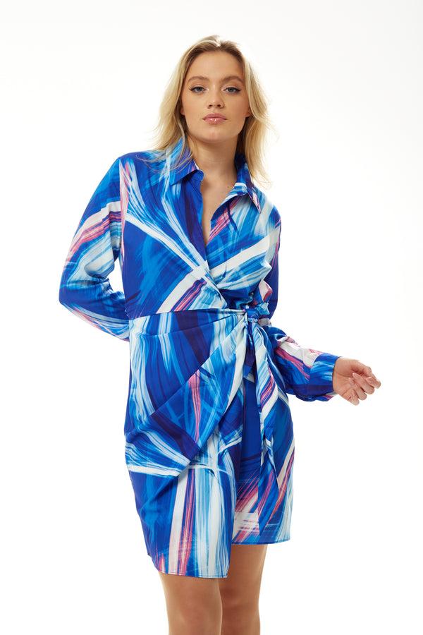 Liquorish Women's Mini Dress in Blue with Long Sleeves and Unique Marble Print - Liquorish