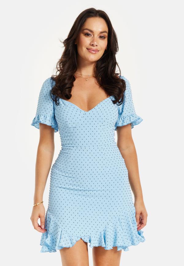 Liquorish Women's Mini Dress In Blue With Polka Dot Print And Frill Detail