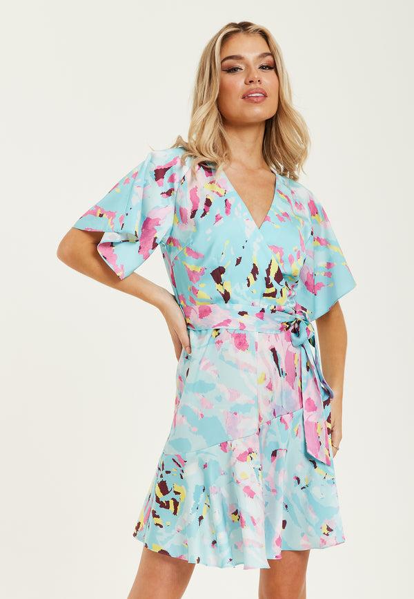 Liquorish Women's Mini Dress In Blue With Short Sleeves Abstract Print Wrap Style Elegant Tie Waist - Liquorish