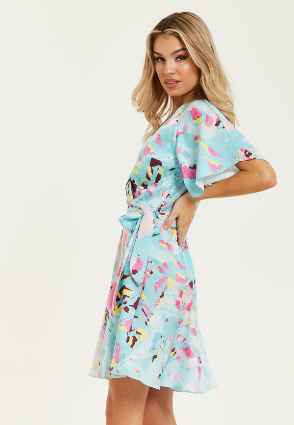 Liquorish Women's Mini Dress In Blue With Short Sleeves Abstract Print Wrap Style Elegant Tie Waist - Liquorish