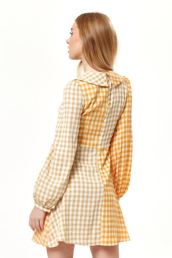 Liquorish Women's Mini Dress In Bold Orange Check With Long Sleeves And Classic Collar - Liquorish