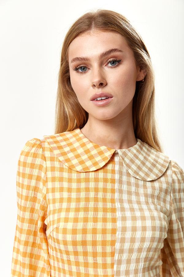 Liquorish Women's Mini Dress In Bold Orange Check With Long Sleeves And Classic Collar - Liquorish