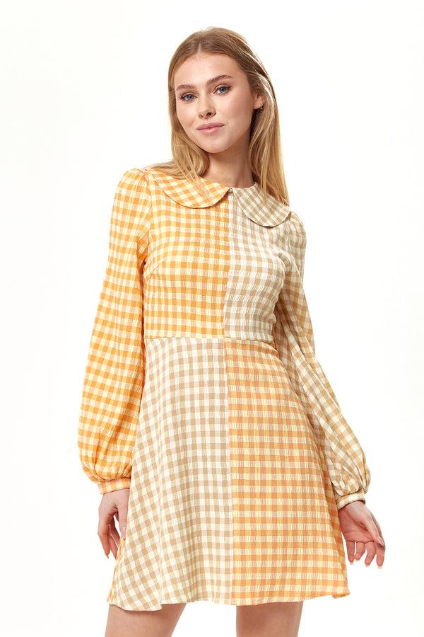 Liquorish Women's Mini Dress in Bold Orange Check with Long Sleeves and Classic Collar - Liquorish