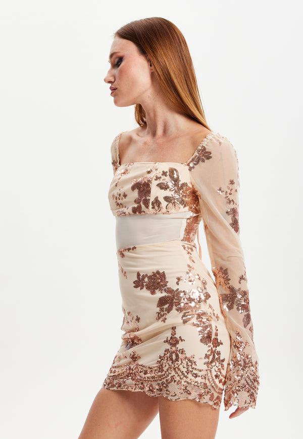Liquorish Women's Mini Dress In Champagne With Long Sleeves And Sequin Finish By Liquorish