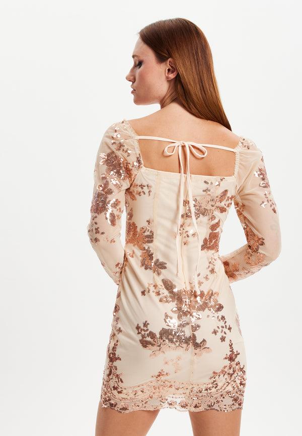 Liquorish Women's Mini Dress In Champagne With Long Sleeves And Sequin Finish By Liquorish