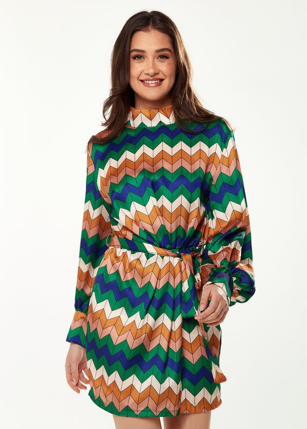 Liquorish Women's Mini Dress In Cool Tones With Puffy Sleeves And Gathered Waist - Exclusive Liquorish