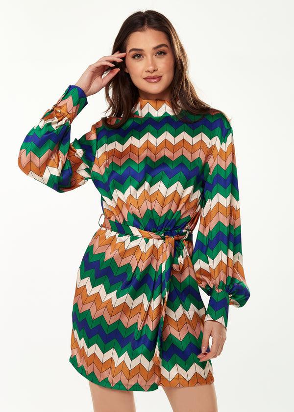 Liquorish Women's Mini Dress in Cool Tones with Puffy Sleeves and Gathered Waist - Exclusive Liquorish