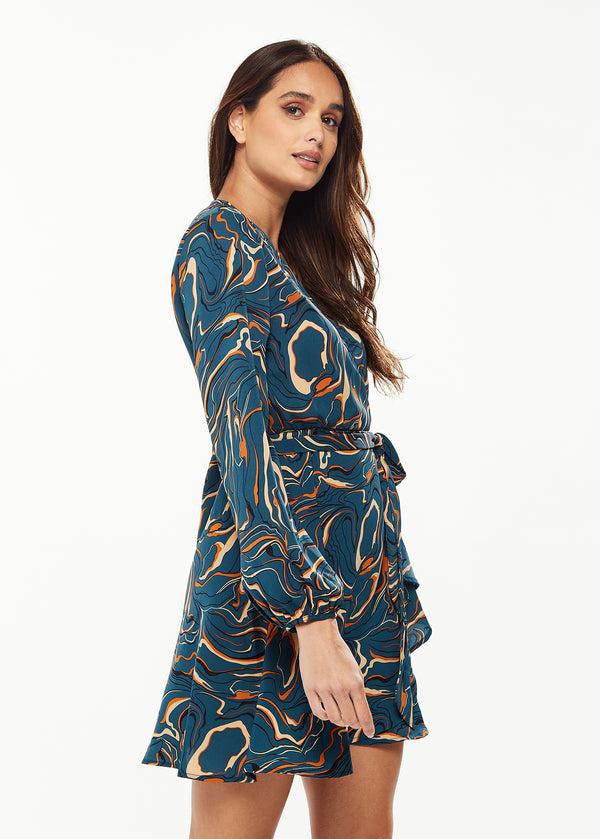 Liquorish Women's Mini Dress In Dark Green With Long Sleeves And Scribble Print Wrap Style - Liquorish