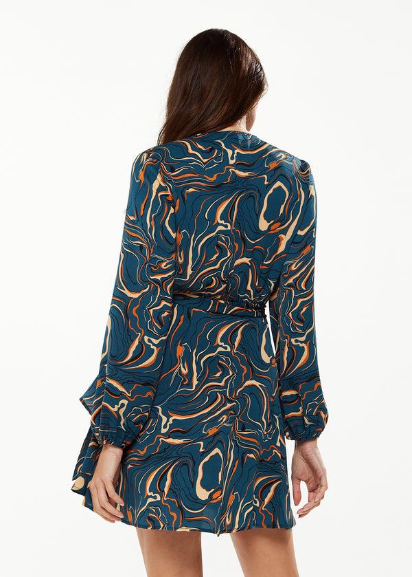 Liquorish Women's Mini Dress In Dark Green With Long Sleeves And Scribble Print Wrap Style - Liquorish